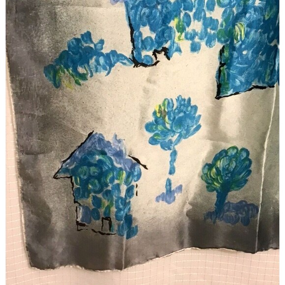 Vintage Womens Silk Scarf Gray Blue Village Motifs Church 30"x30" Square - Picture 4 of 6